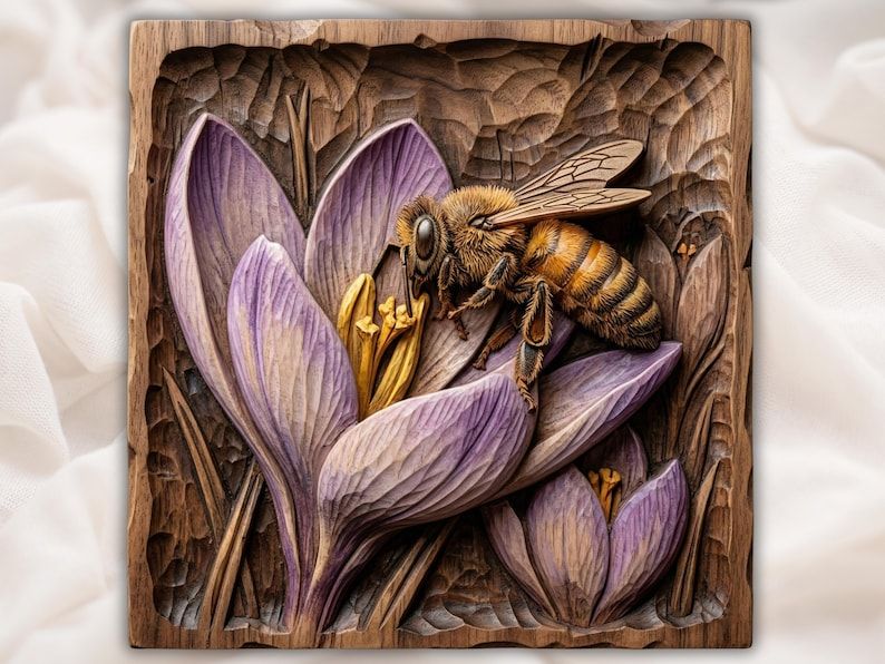 Carved bas-relief of a honey bee resting on a blooming purple crocus flower with golden stamens