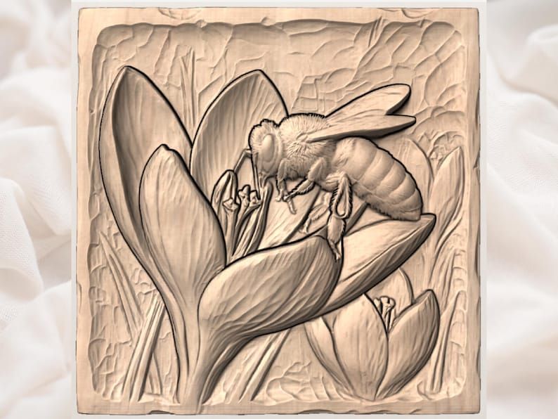 Honey Bee on Crocus Bas-Relief STL for CNC and 3D Printing bas-relief STL — view 3