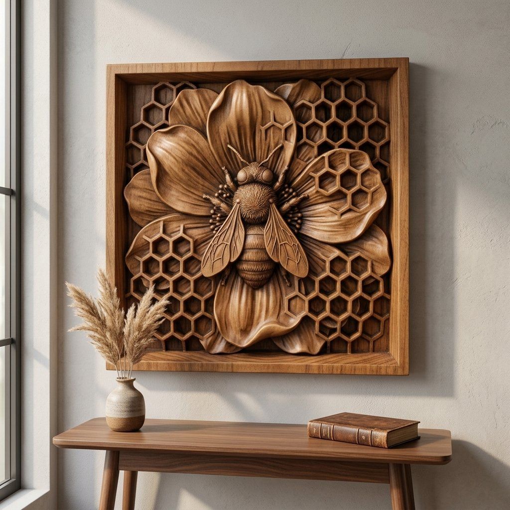 Honey Bee Flower Honeycomb Panel CNC Relief STL bas-relief STL — view 13