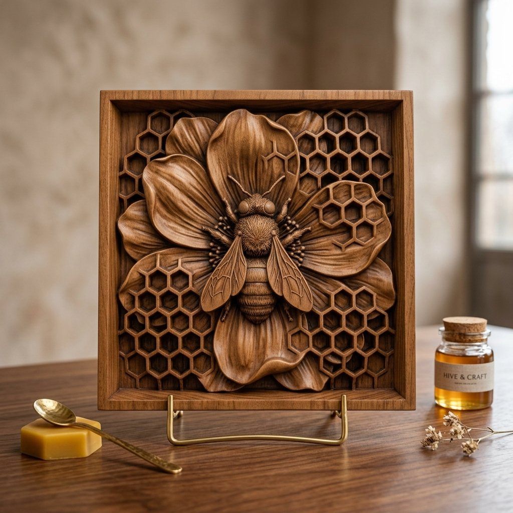 Honey Bee Flower Honeycomb Panel CNC Relief STL bas-relief STL — view 3