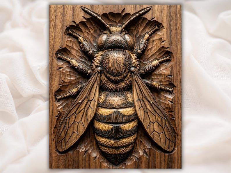 Carved wood bas-relief of a front-facing honey bee with spread lace wings and a striped fuzzy body.