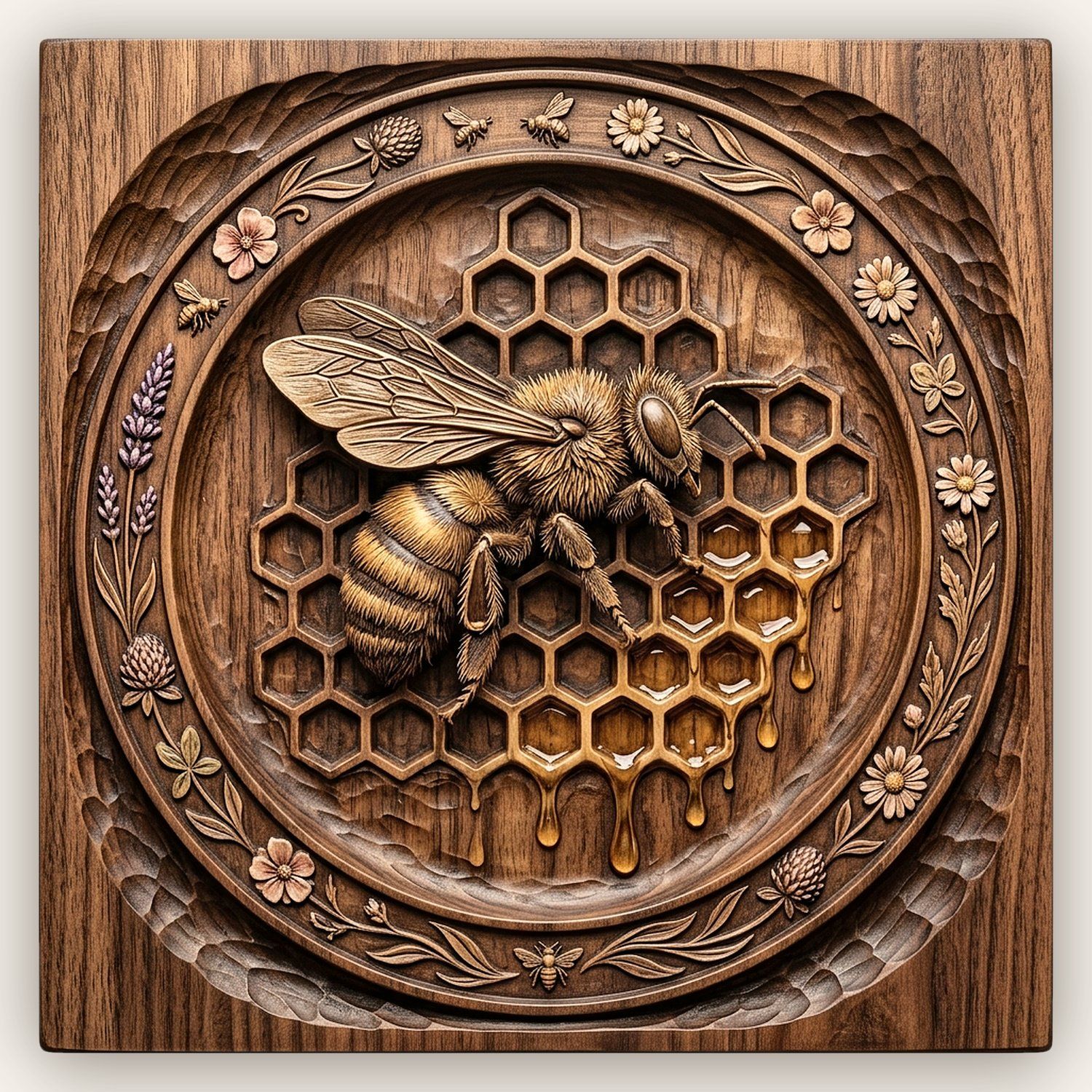 Honeybee Honeycomb and Wildflower Tray CNC Relief STL bas-relief STL design