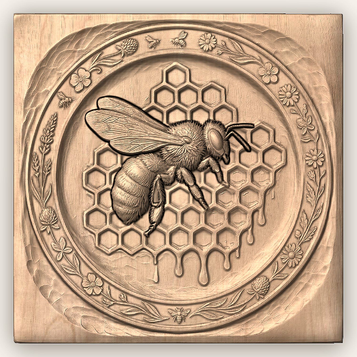 Honeybee Honeycomb and Wildflower Tray CNC Relief STL bas-relief STL — view 3