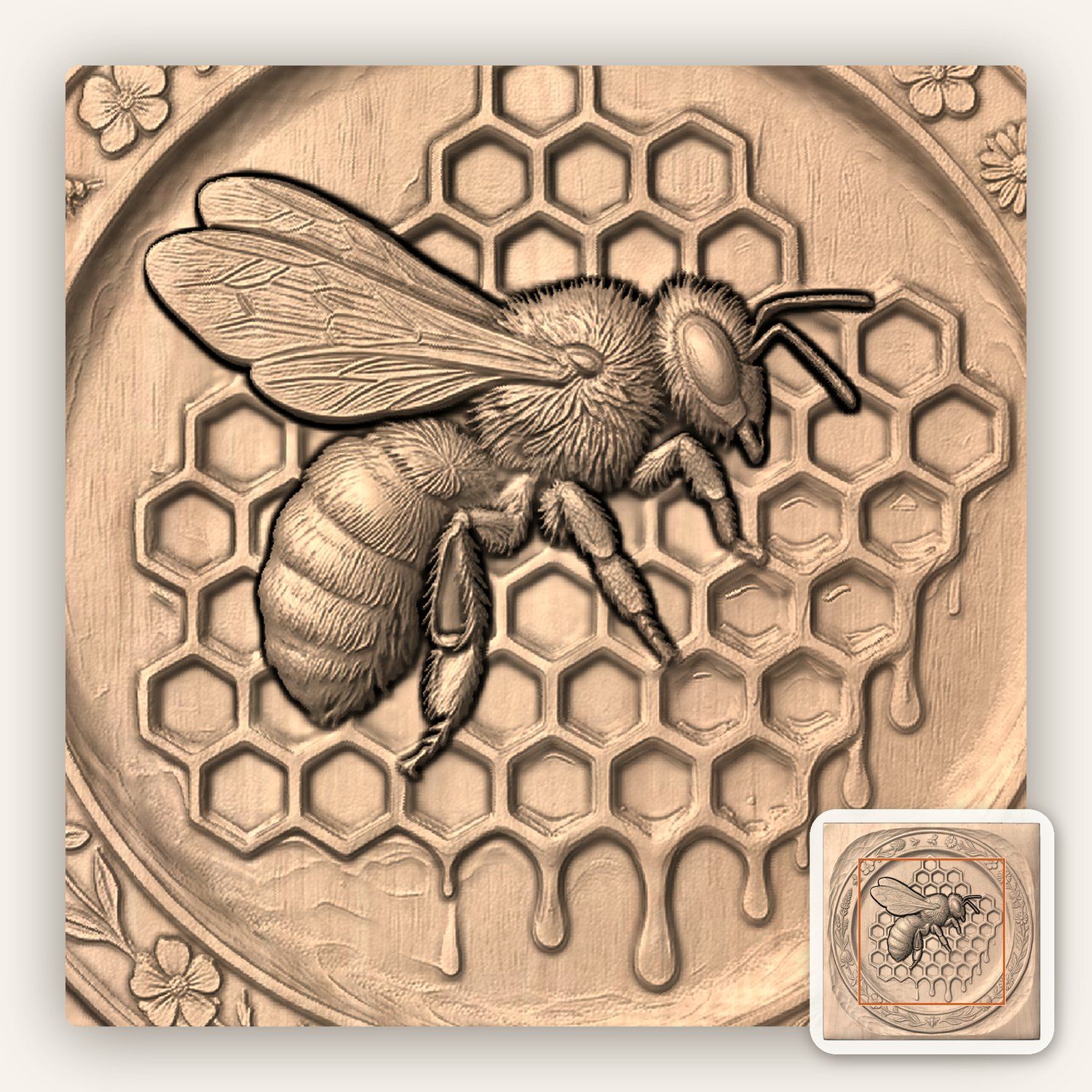 Honeybee Honeycomb and Wildflower Tray CNC Relief STL bas-relief STL — view 5