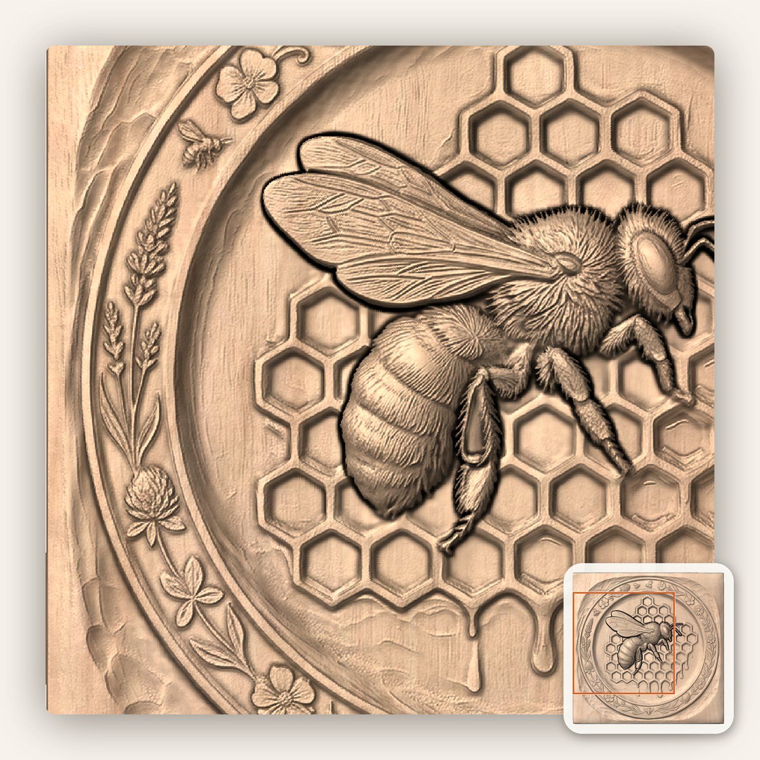 Honeybee Honeycomb and Wildflower Tray CNC Relief STL bas-relief STL — view 6