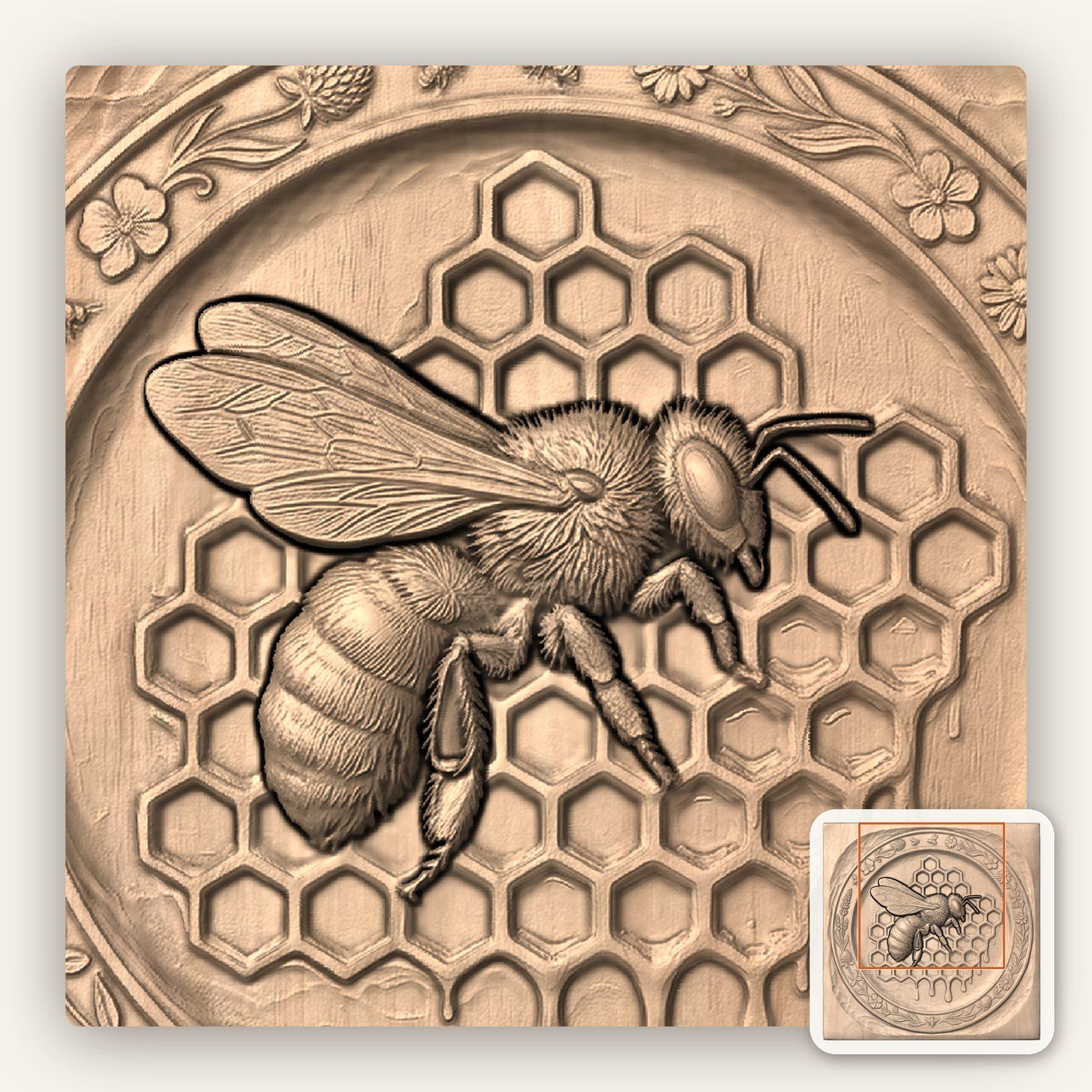 Honeybee Honeycomb and Wildflower Tray CNC Relief STL bas-relief STL — view 7