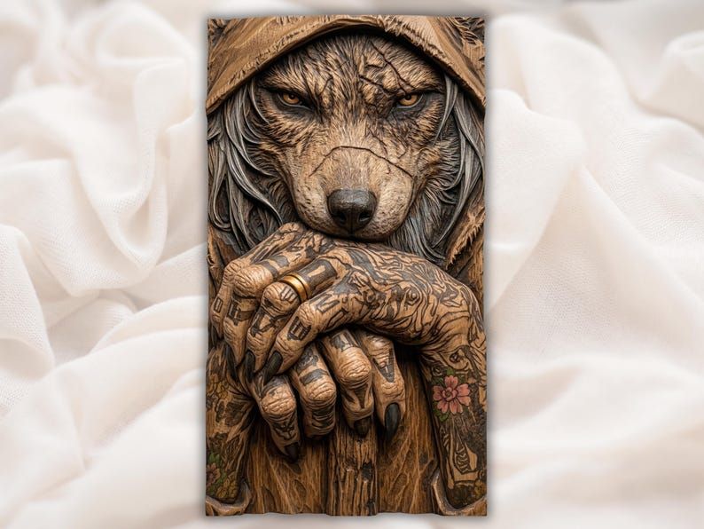 Bas-relief carving of a hooded wolf face resting jaw on two tattooed hands with a gold ring