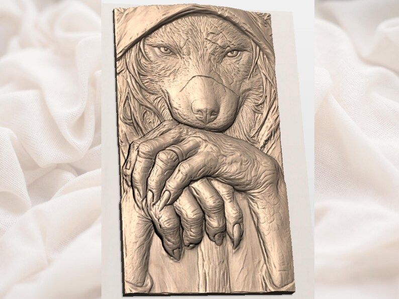 Hooded Wolf with Tattooed Hands Bas-Relief STL Carving bas-relief STL — view 2