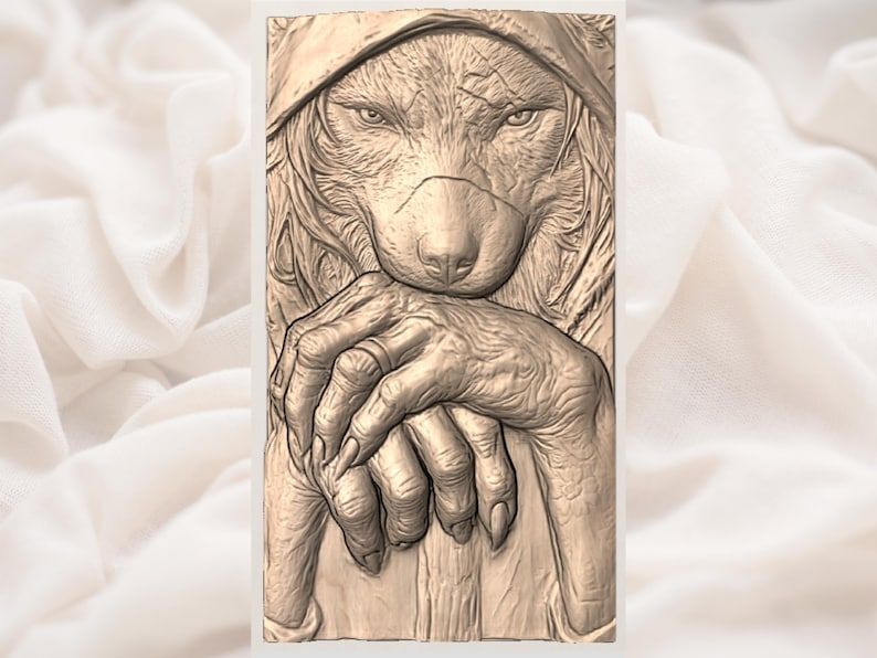 Hooded Wolf with Tattooed Hands Bas-Relief STL Carving bas-relief STL — view 3