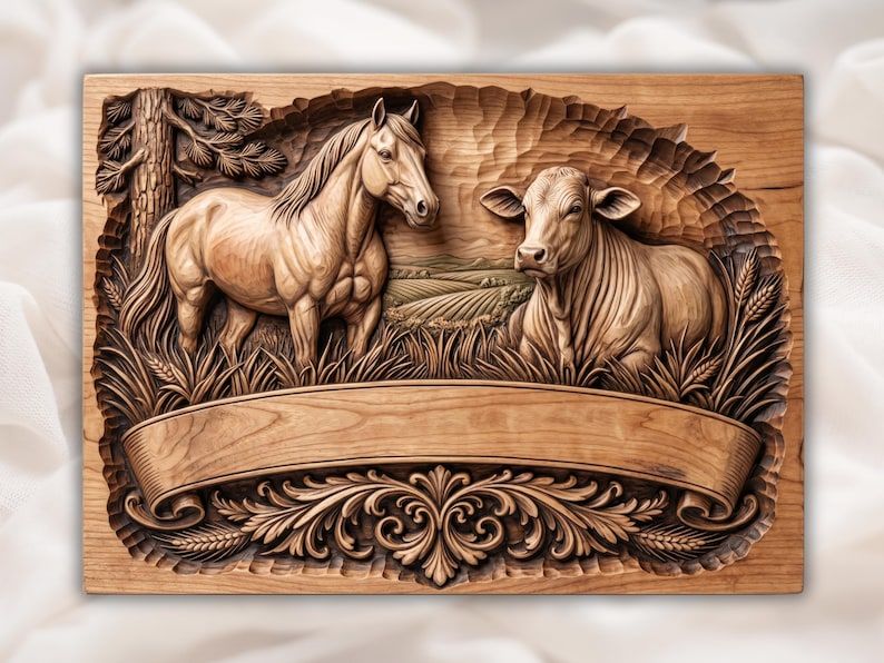 Carved wood bas-relief of a horse and cow in a field with a blank banner and scrollwork below