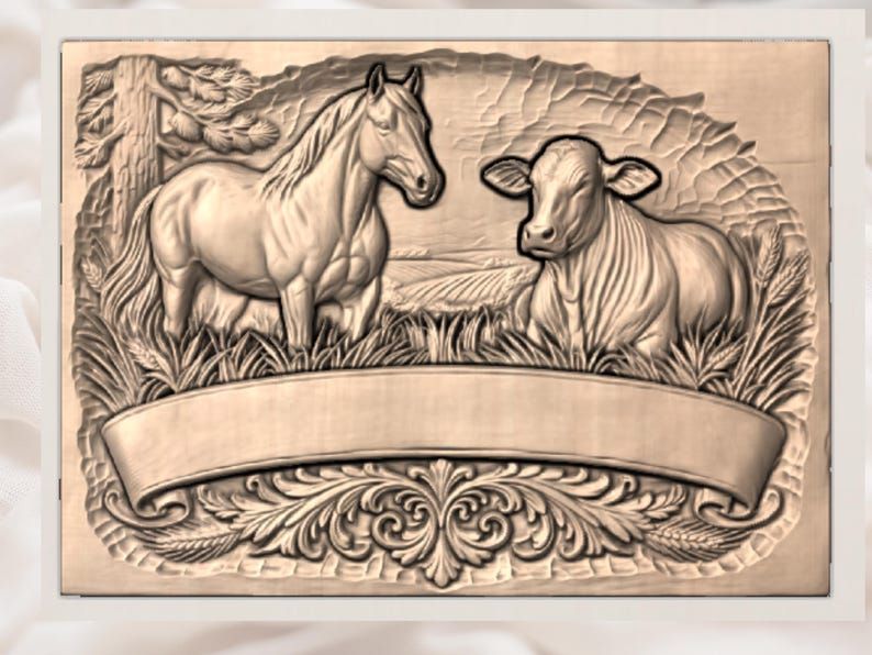 Horse and Cow Farm Scene with Banner Bas-Relief STL bas-relief STL — view 2