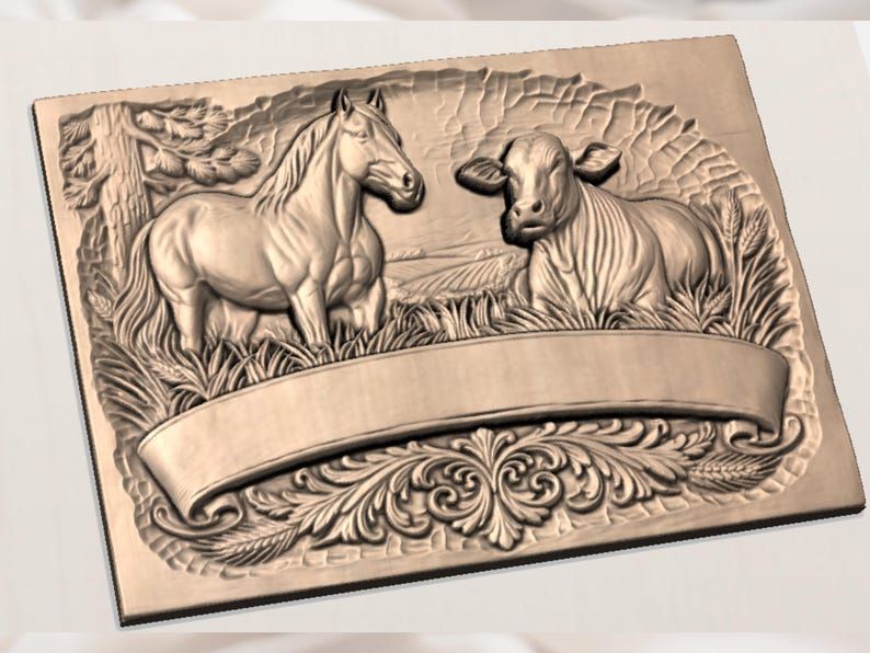 Horse and Cow Farm Scene with Banner Bas-Relief STL bas-relief STL — view 3