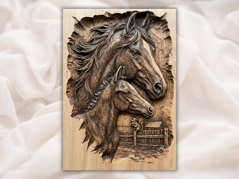 Bas-relief wood carving of a mare and foal with a barn and rail fence in the background