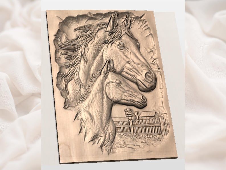Mare and Foal Ranch Scene Bas-Relief STL for CNC Carving bas-relief STL — view 2