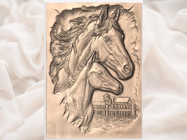 Mare and Foal Ranch Scene Bas-Relief STL for CNC Carving bas-relief STL — view 3