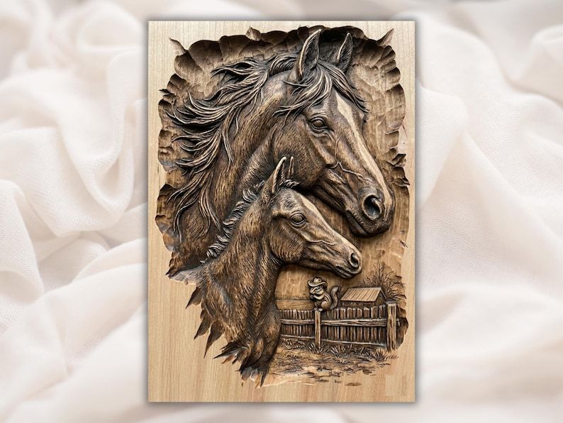 Mare and Foal Ranch Scene Bas-Relief STL for CNC Carving bas-relief STL design