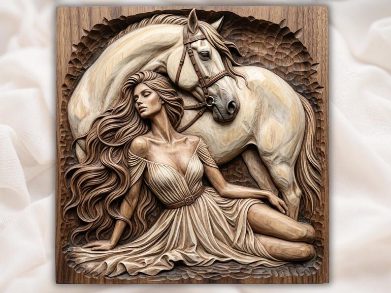 Bas-relief wood carving of a woman in a flowing dress resting beside a white horse