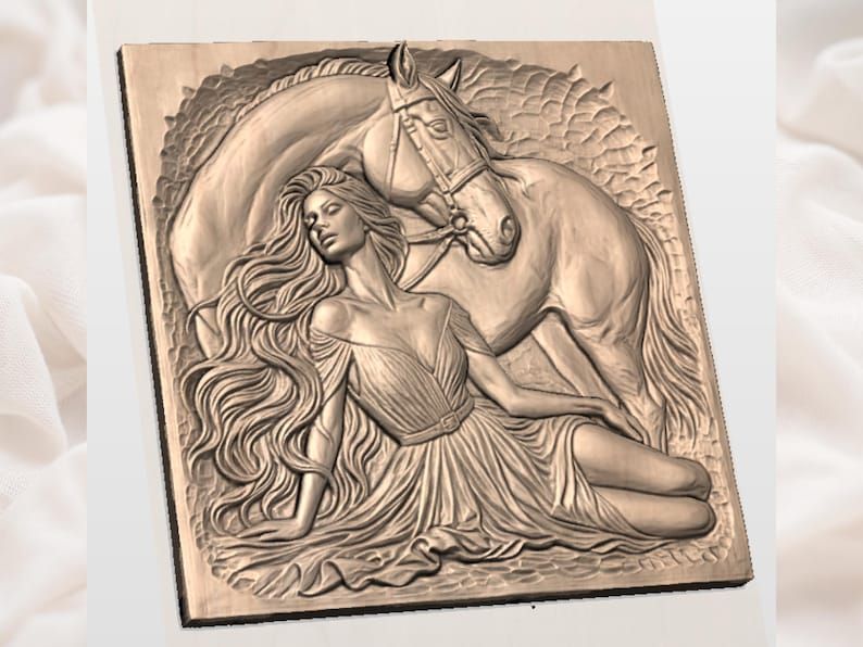 Woman Resting Beside a White Horse Bas-Relief STL bas-relief STL — view 2