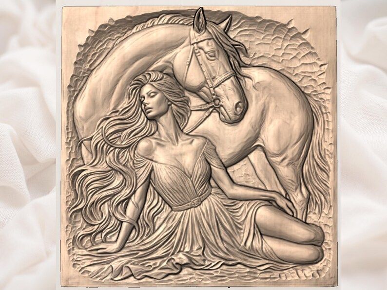 Woman Resting Beside a White Horse Bas-Relief STL bas-relief STL — view 3