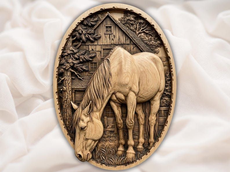 Bas-relief wood carving of a horse grazing in front of an old barn with pine and oak trees, oval plaque