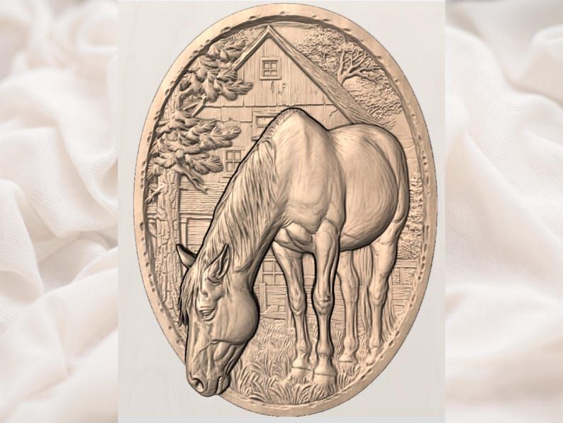 Grazing Horse and Old Barn Bas-Relief STL for CNC Carving bas-relief STL — view 2