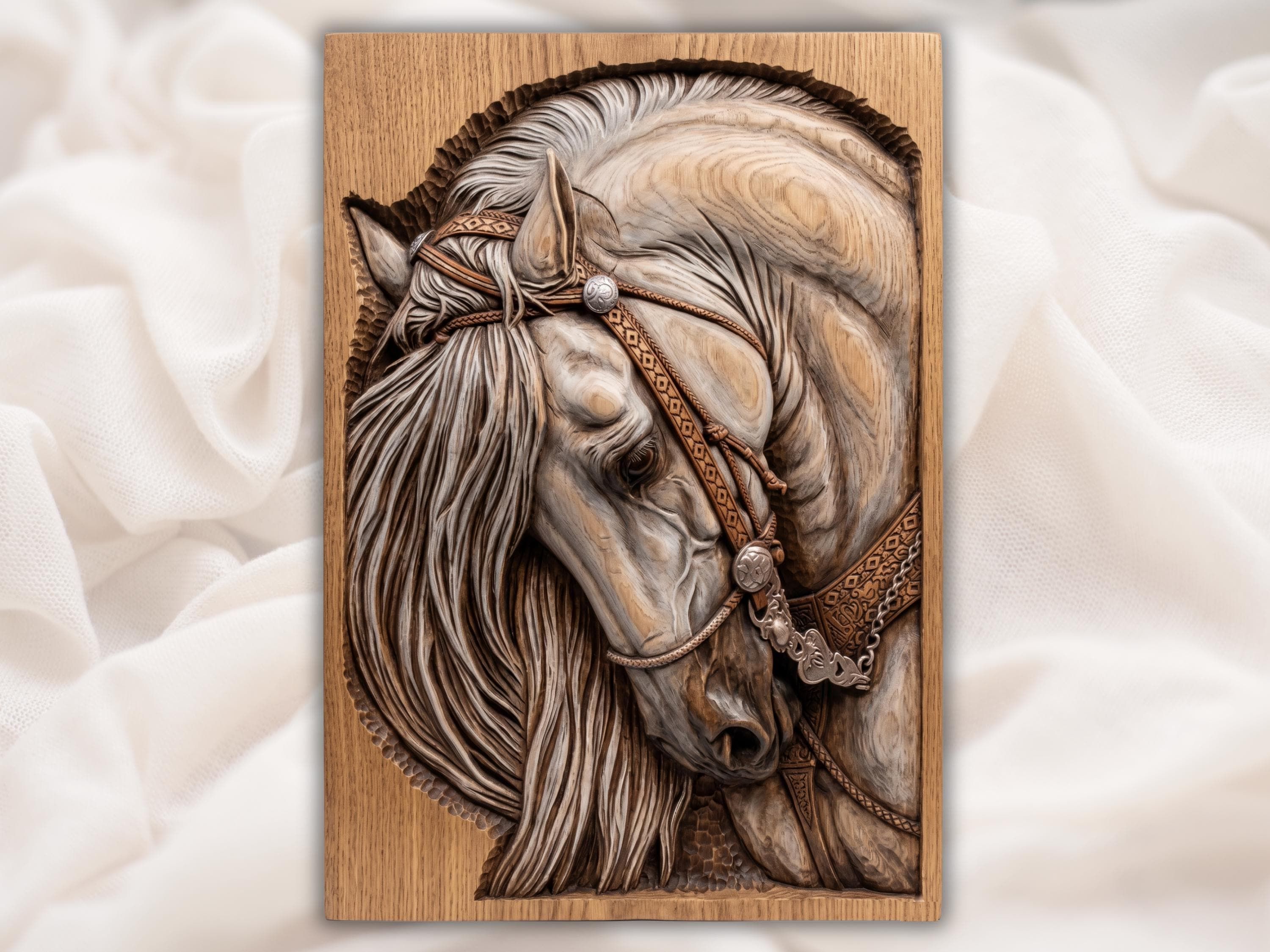 Bas-relief wood carving of a Western horse head in profile with braided leather bridle and silver conchos.