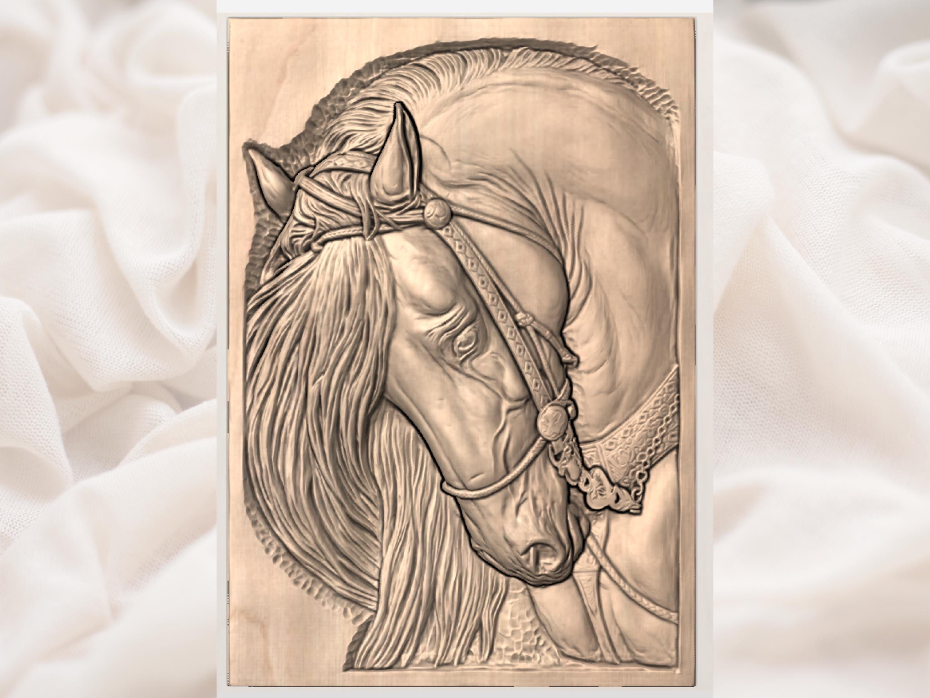Western Horse Head Bas-Relief STL with Braided Bridle bas-relief STL — view 3