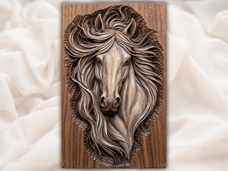 Carved wood bas-relief of a front-facing horse head with a long flowing mane on a walnut plaque