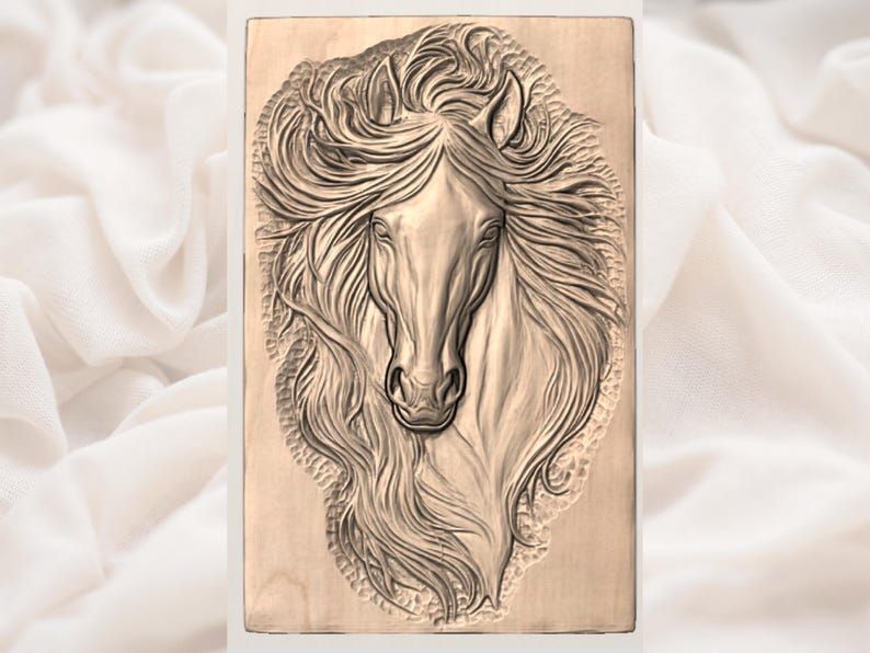 Flowing Mane Stallion Horse Head Bas-Relief STL Carving bas-relief STL — view 3