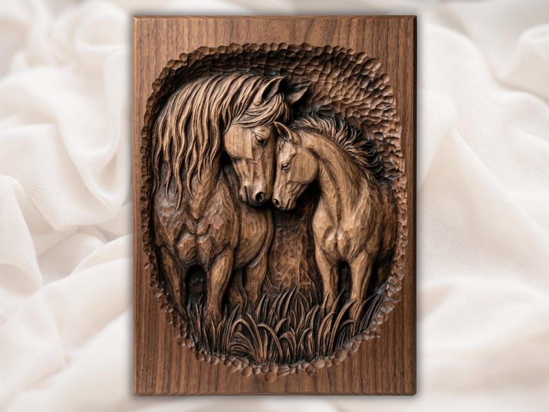 Carved wood bas-relief of a mare and foal touching noses inside an oval frame above grass