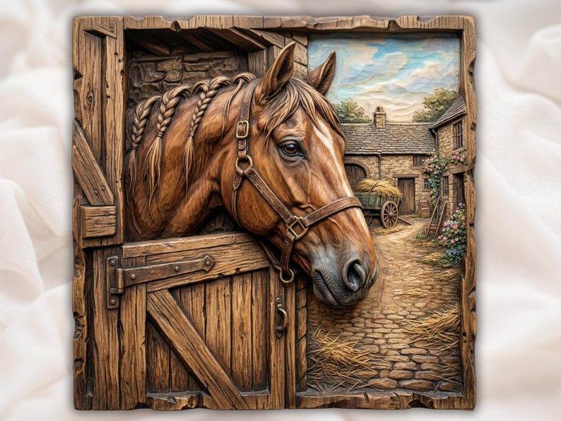 Bas-relief carving of a chestnut horse leaning over a wooden stable door with a stone farmyard behind