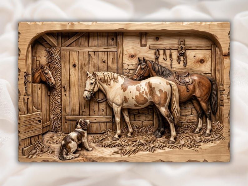 Carved wood relief of three horses in a barn stall with hanging saddle, reins, hay, and a spaniel dog