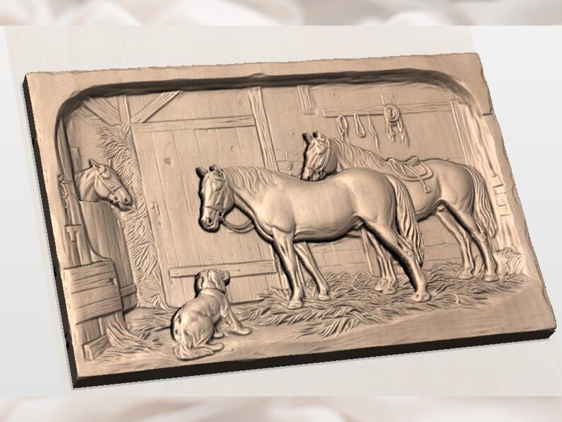 Barn Stable Scene with Horses and a Loyal Dog Relief STL bas-relief STL — view 2