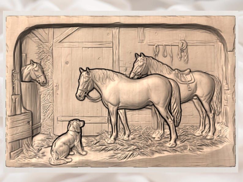 Barn Stable Scene with Horses and a Loyal Dog Relief STL bas-relief STL — view 3
