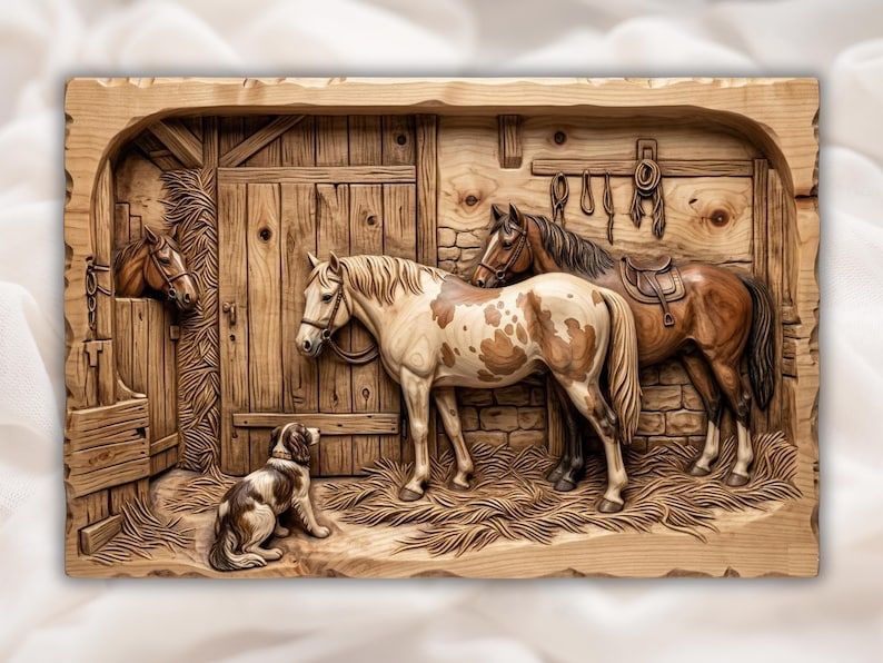 Barn Stable Scene with Horses and a Loyal Dog Relief STL bas-relief STL design