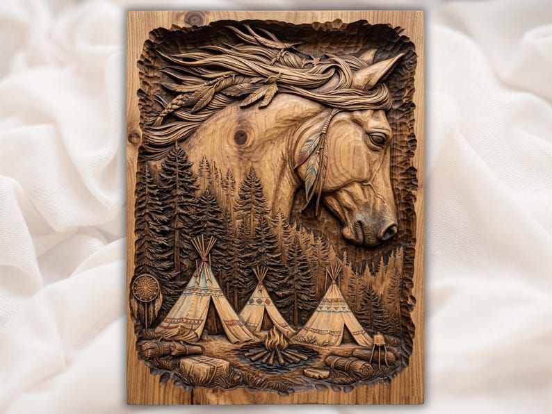 Carved wood relief of a horse head with flowing mane above teepees, a campfire, pine forest, and a dreamcatcher.