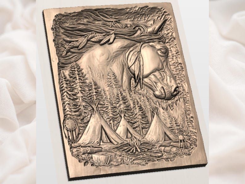 Horse and Teepee Camp Bas-Relief STL with Dreamcatcher and Campfire bas-relief STL — view 2
