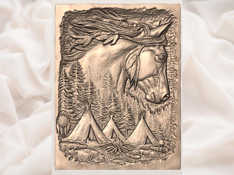 Horse and Teepee Camp Bas-Relief STL with Dreamcatcher and Campfire bas-relief STL — view 3