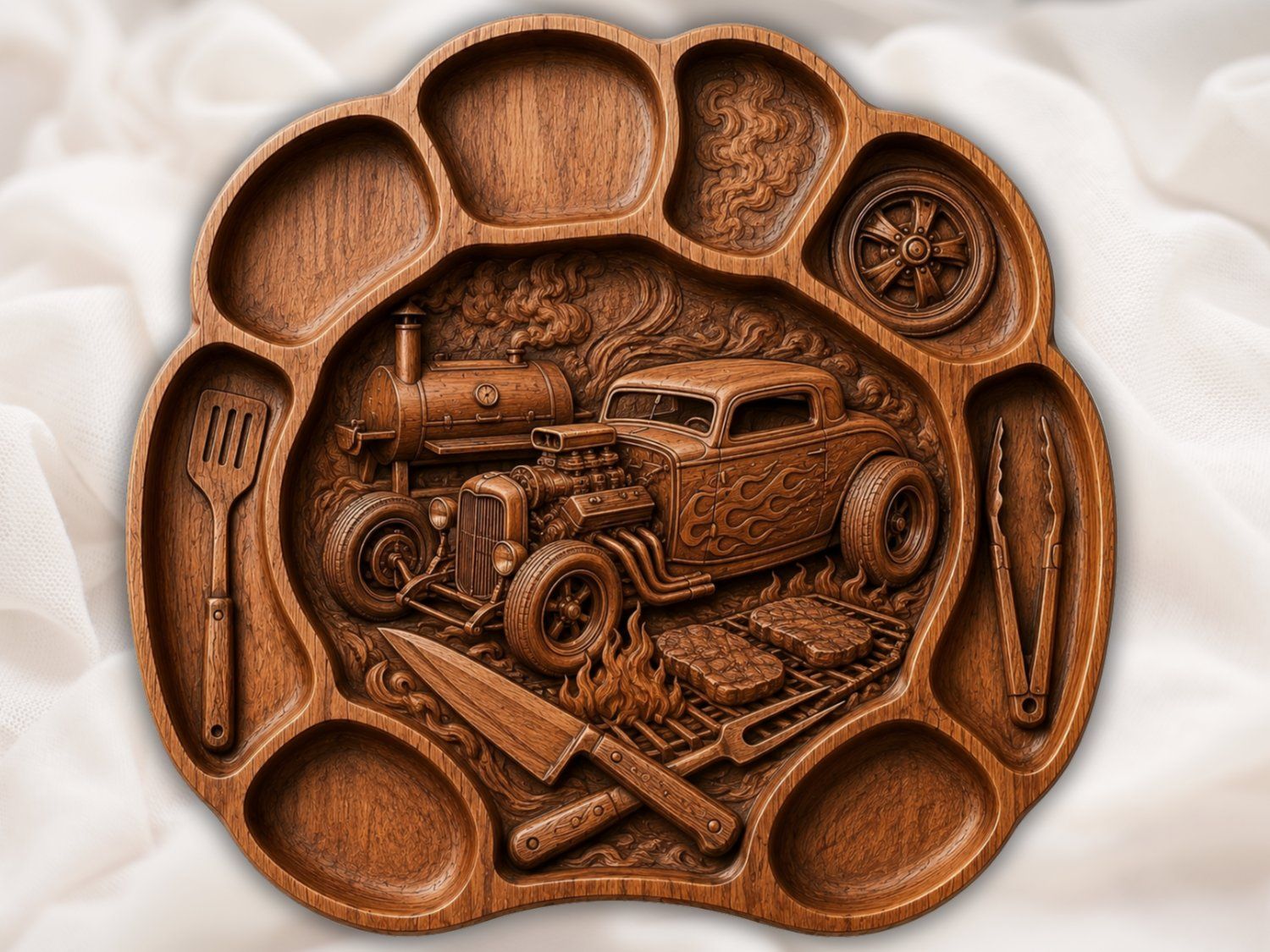 Hot Rod BBQ Wall Art | Custom Smoker Grilling Wood Panel | Car Enthusiast Workshop Decor | CNC Router Design for VCarve Pro Aspire — carved bas relief STL file for CNC