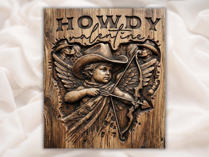 Carved wood relief of a winged cupid in a cowboy hat aiming a bow, with HOWDY valentine lettering above