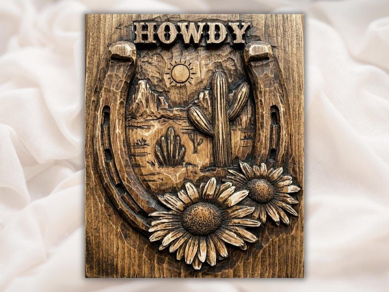 Carved relief of the word HOWDY over a horseshoe framing a desert cactus scene with three sunflowers below
