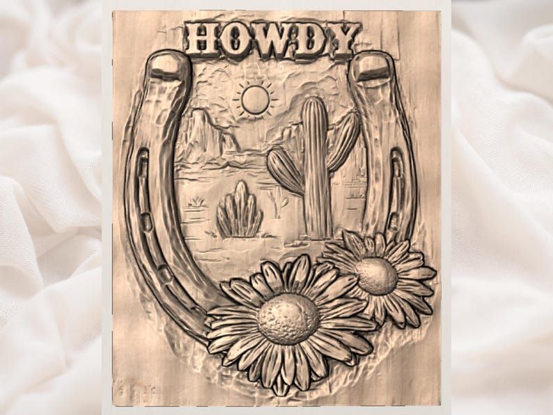 Howdy Horseshoe Desert Scene with Sunflowers Relief STL bas-relief STL — view 2