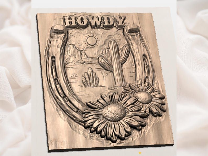Howdy Horseshoe Desert Scene with Sunflowers Relief STL bas-relief STL — view 3