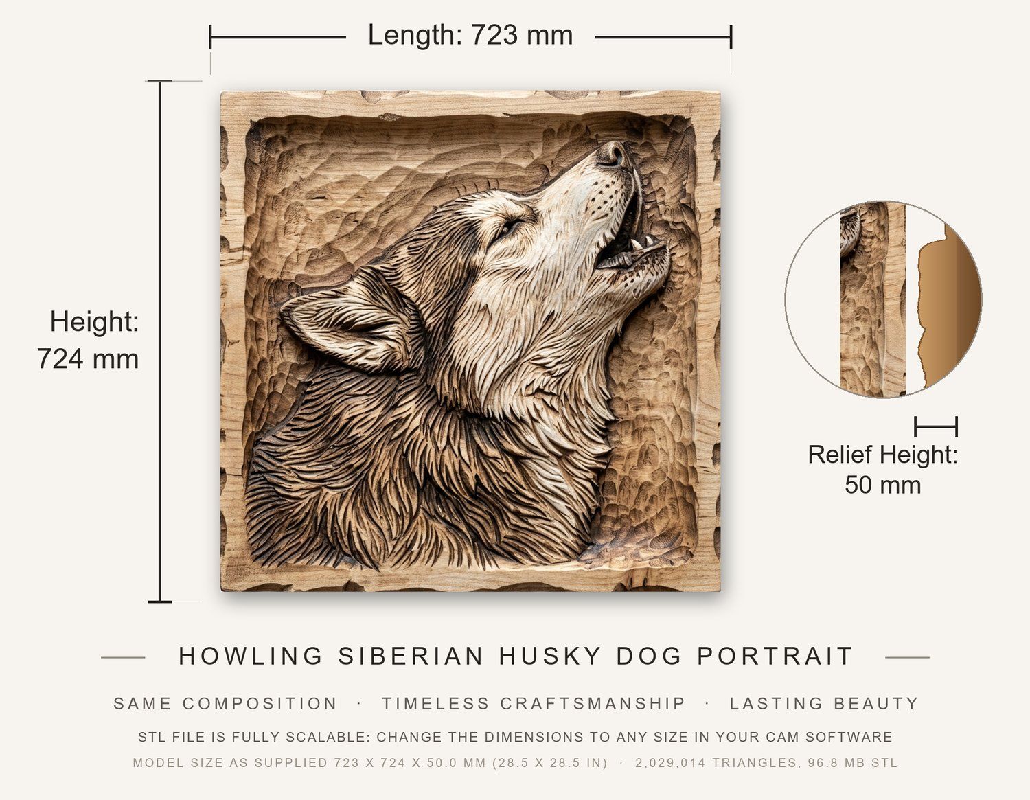 Howling Siberian Husky Dog Portrait CNC Relief STL bas-relief STL — view 3