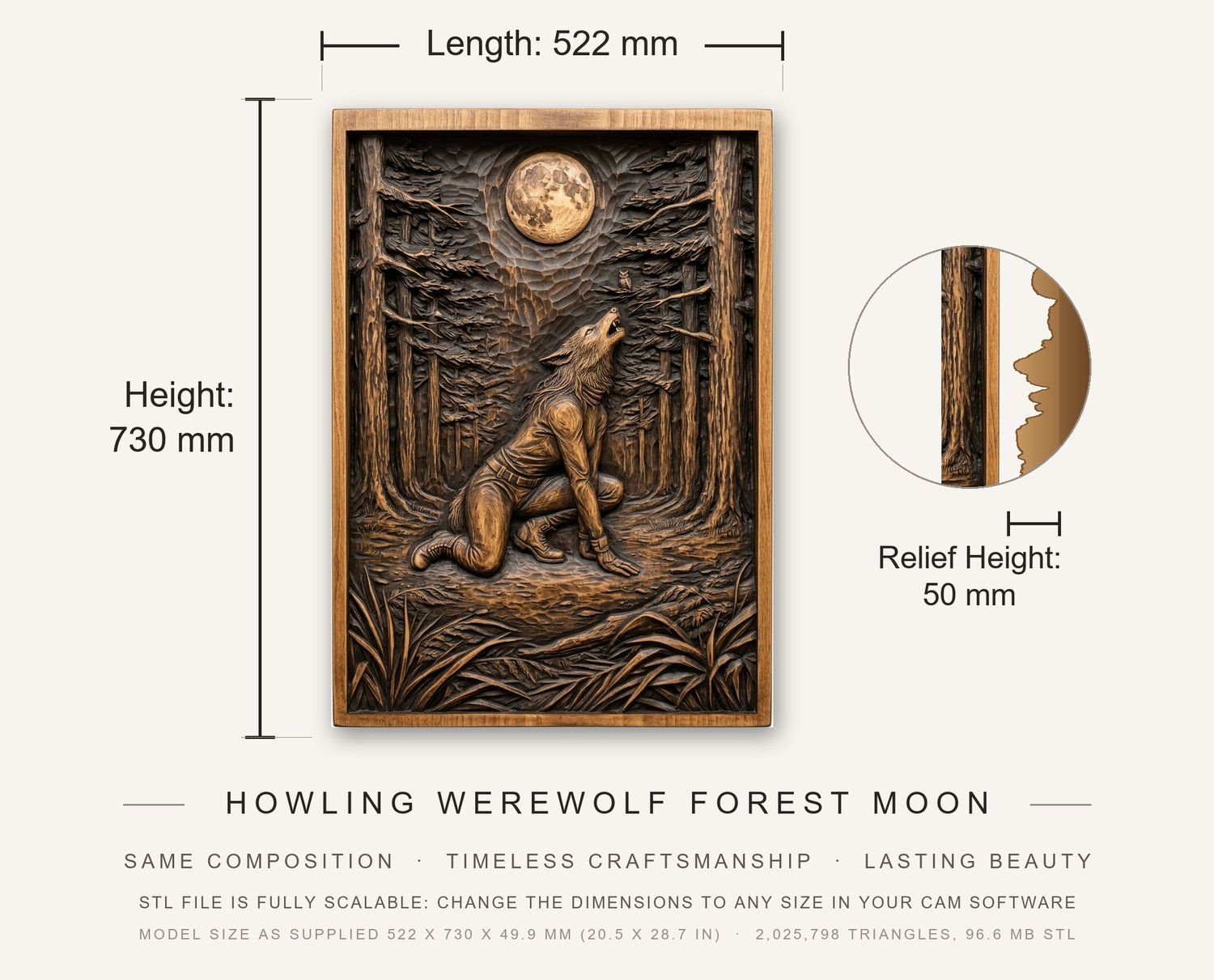 Howling Werewolf Forest Moon CNC Relief STL bas-relief STL — view 3