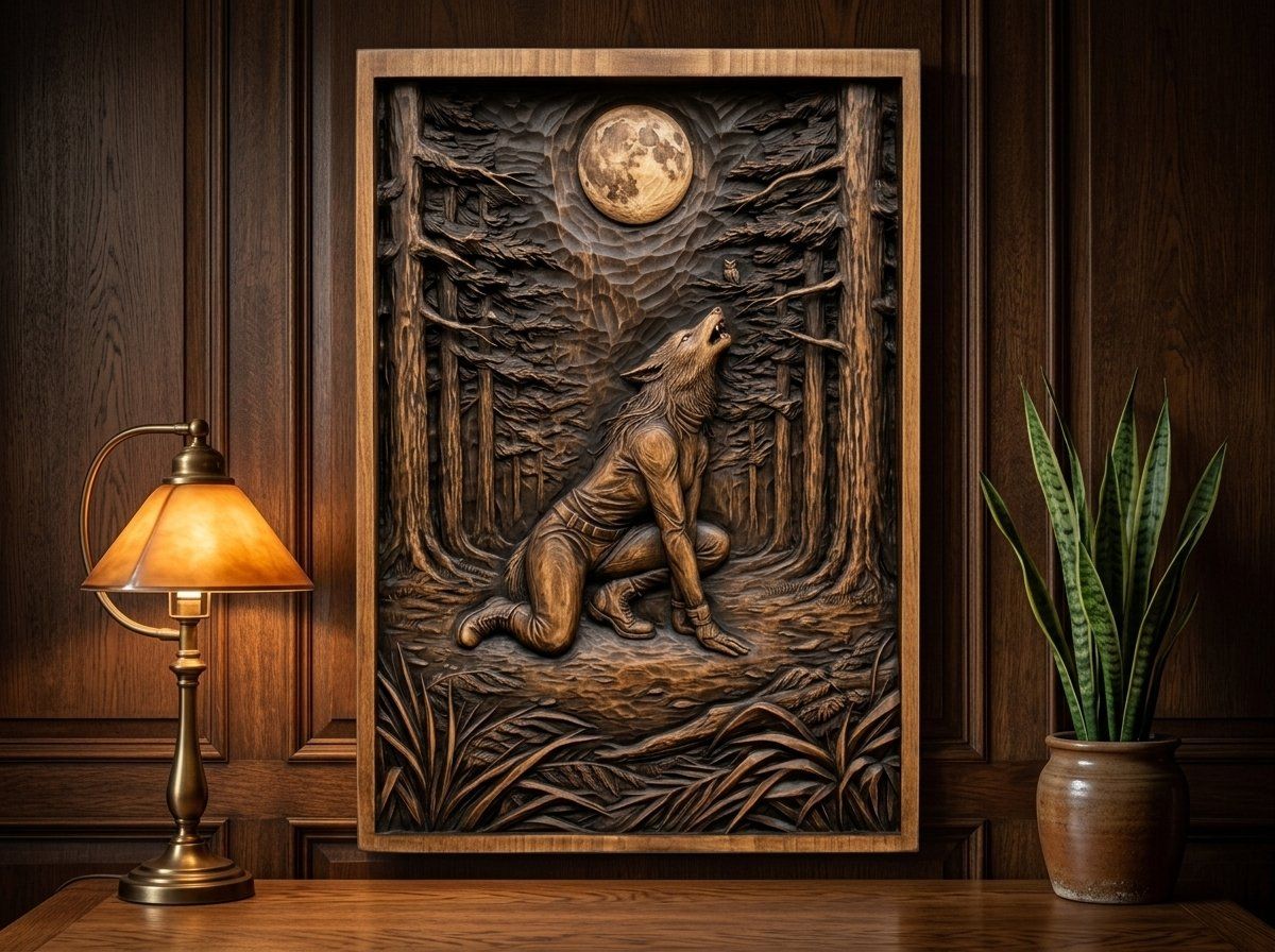 Howling Werewolf Forest Moon CNC Relief STL bas-relief STL — view 14
