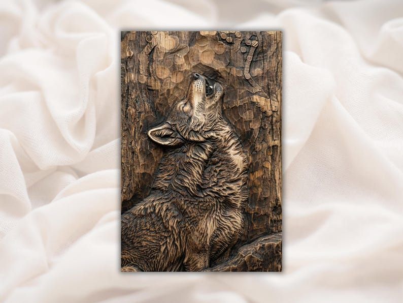 Bas-relief wood carving of a howling wolf with detailed fur against a textured wood-grain background.