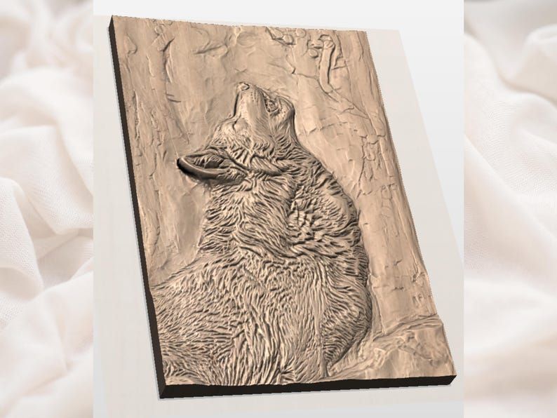 Howling Wolf Bas-Relief STL, Rustic Wildlife Wall Carving bas-relief STL — view 2