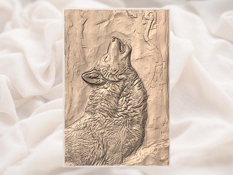 Howling Wolf Bas-Relief STL, Rustic Wildlife Wall Carving bas-relief STL — view 3