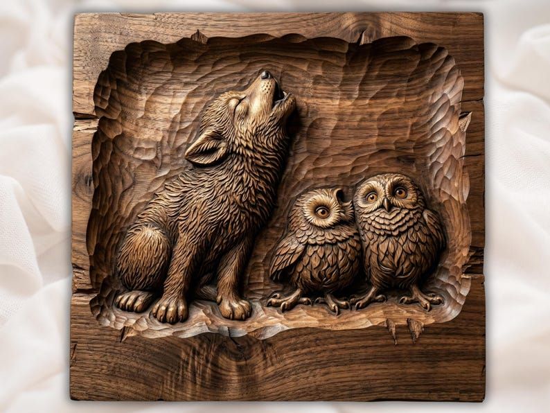 Carved wood relief of a howling wolf pup sitting beside two owls in a recessed forest scene
